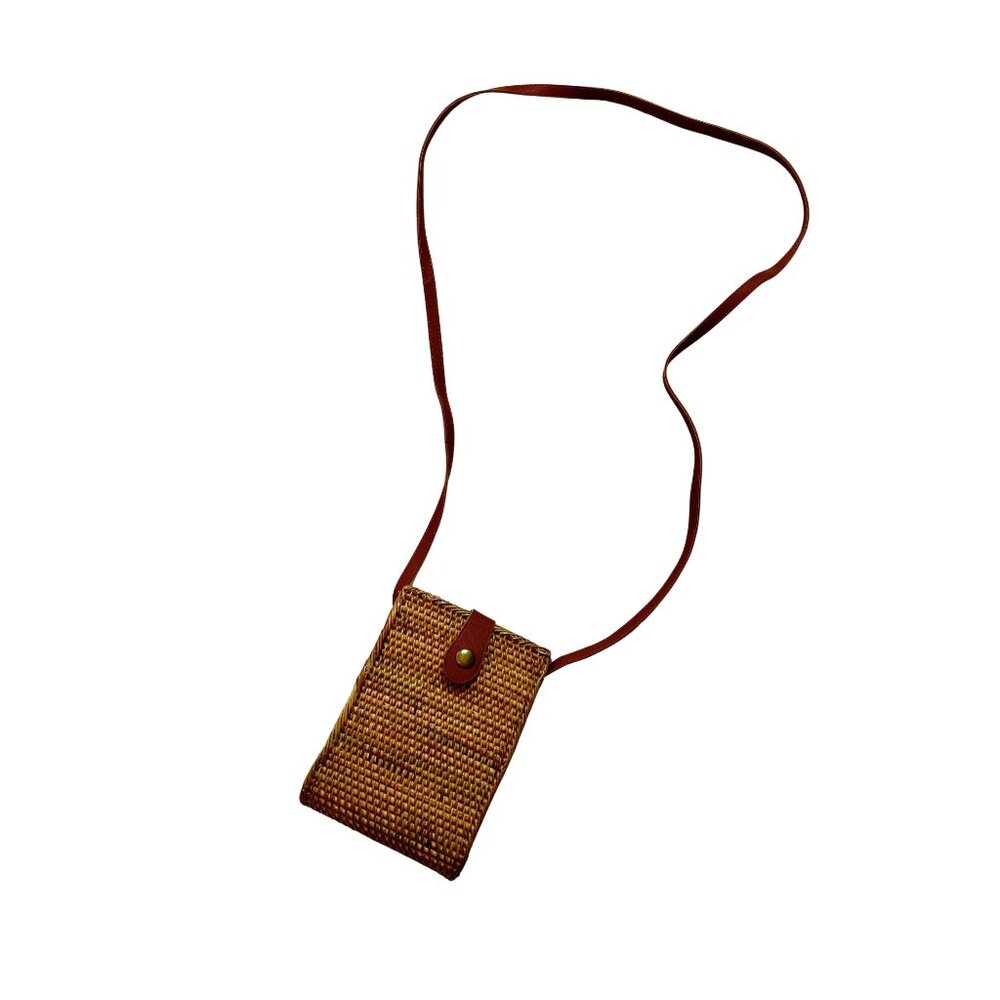 Boho Rattan Crossbody Bag Brown Woven Straw Snap Closure Festival Small